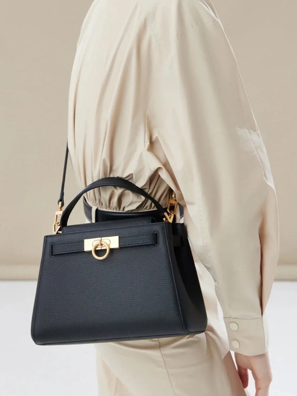 Parisa Wang Madison Top Handle Bag - Black Leather Satchel Gold Hardware